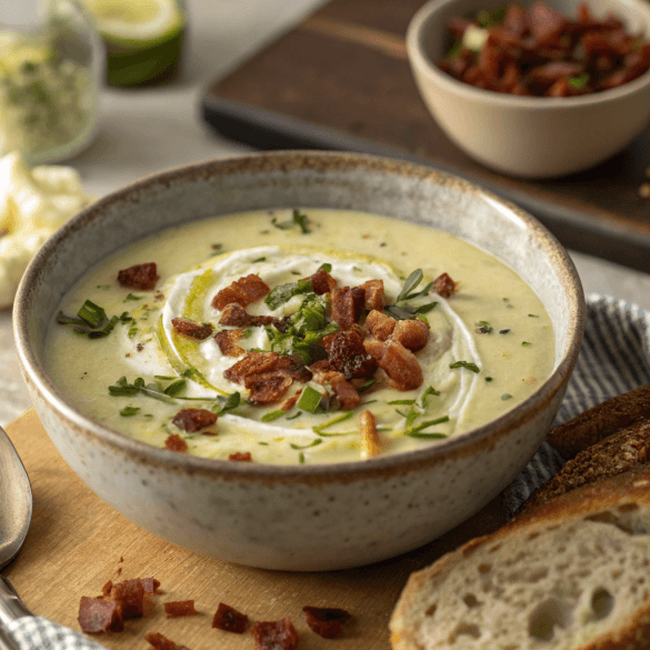 Potato and leek soup with crispy bacon bits