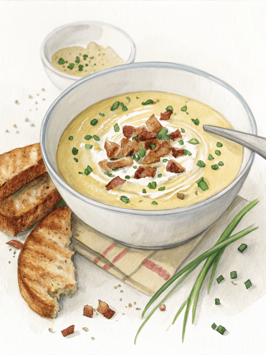 Potato and leek soup with crispy bacon bits