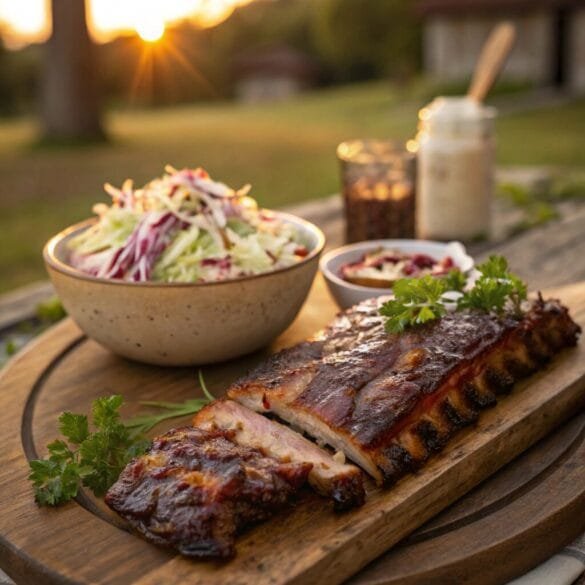 bbq-ribs-with-coleslaw–glistening–caramelized-ri BBQ Ribs with Coleslaw