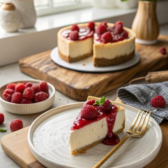 cheesecake-with-raspberry-sauce–a-creamy-new-york White Chocolate Raspberry Cheesecake