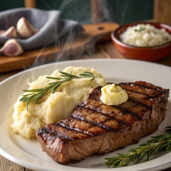 grilled-steak-with-mashed-potatoes–a-thick–juicy Grilled Steak with Mashed Potatoes